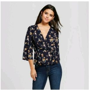 Target navy floral wrap around blouse, size small